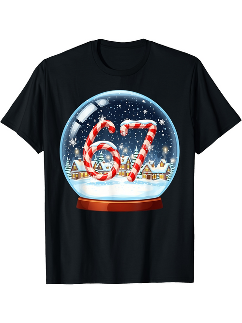 Men's Graphic T-Shirt Snowy Winter Night With Candy Cane Numbers In Glass Globe