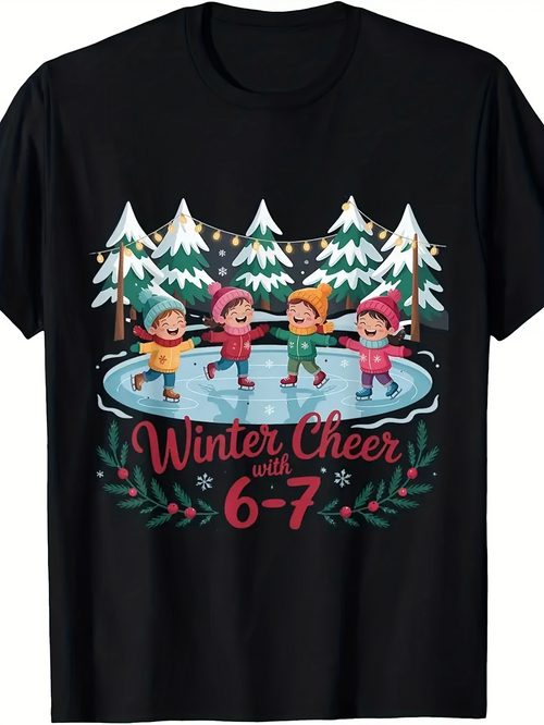 Men's Graphic T-Shirt Winter Cheer With Children Skating On Frozen Icy Pond Surrounded By Snowy Pines