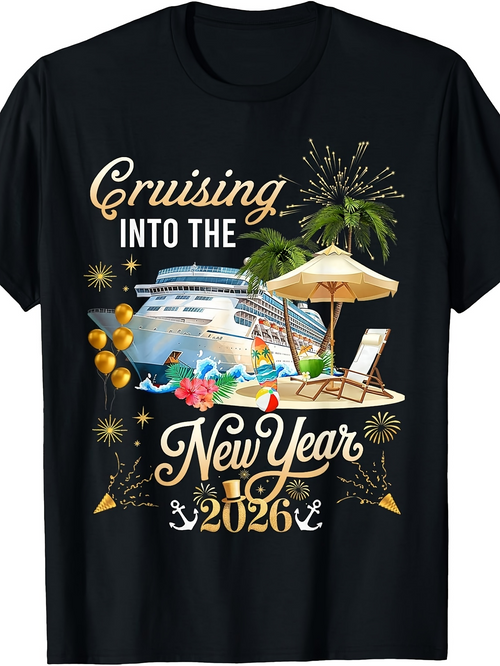 Men's Graphic T-Shirt Cruising Into The New Year With Fireworks Palm Trees And Large White Cruise Ship