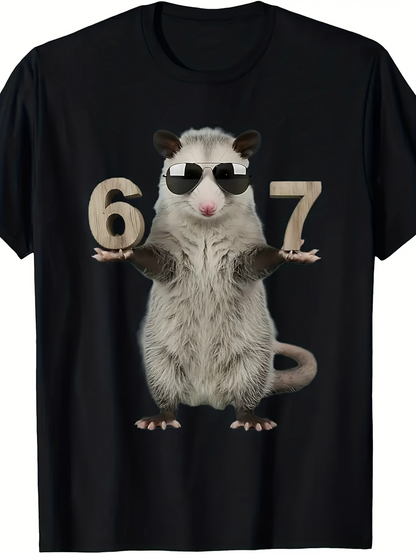 Men's Graphic T-Shirt Cool Sunglasses Wearing Opossum Holding Large Numbers With Black Shirt