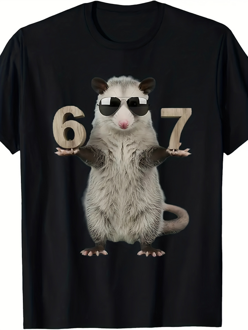 Men's Graphic T-Shirt Cool Sunglasses Wearing Opossum Holding Large Numbers With Black Shirt