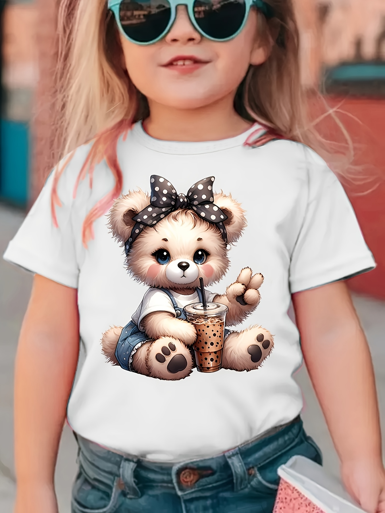 Men's Graphic T-Shirt Cute Polka Dot Bow Bear Sitting With Bubble Tea