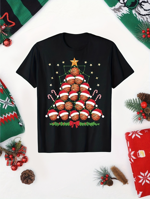 Men's Graphic T-Shirt Festive Holiday Tree With Gingerbread Cookies And Shining Golden Star Christmas Tree