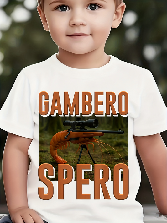 Men's Graphic T-Shirt Gambero Spero Brown Block Letters Over A Lobster Holding Rifle