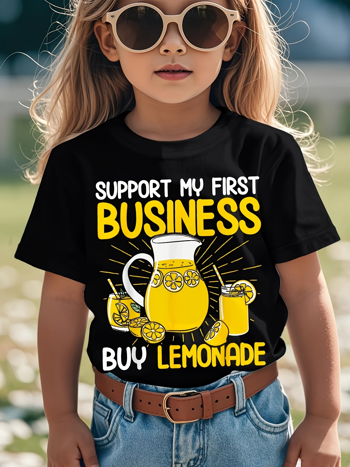 Men's Graphic T-Shirt Support My First Business Buy Lemonade With Bright Yellow Pitcher Surrounded By Cut Lemons And Sparkling Glasses Lemonade