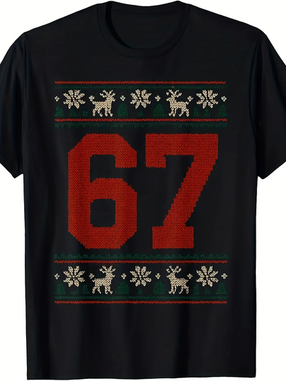 Men's Graphic T-Shirt Nordic Style Knit Snowflakes Reindeer And Bold Number 67 Shirt