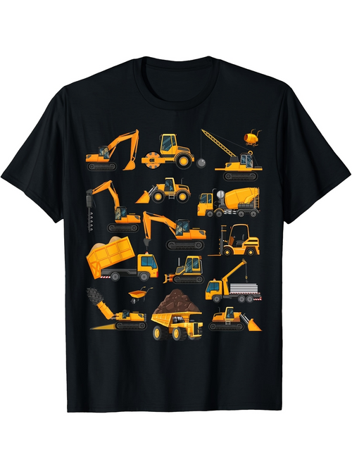 Men's Graphic T-Shirt Heavy Duty Construction Vehicles Showcasing Diggers And Cranes On Black T Shirt