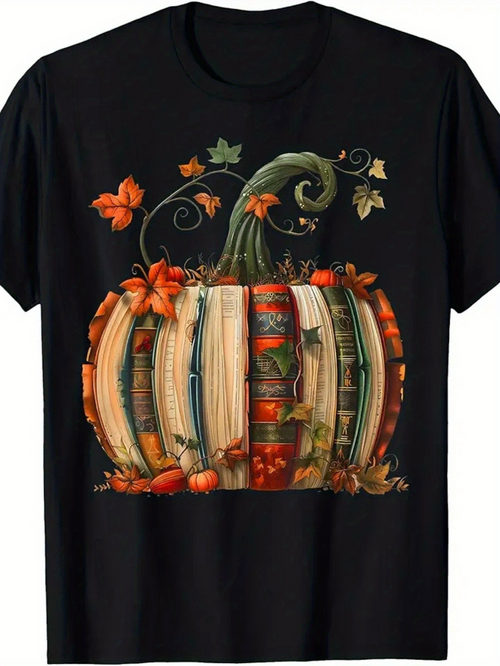 Men's Graphic T-Shirt Autumn Leaves With Books Forming A Whimsical Pumpkin