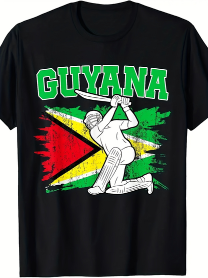 Men's Graphic T-Shirt Guyana Flag With Cricket Player Artwork In Dynamic Pose