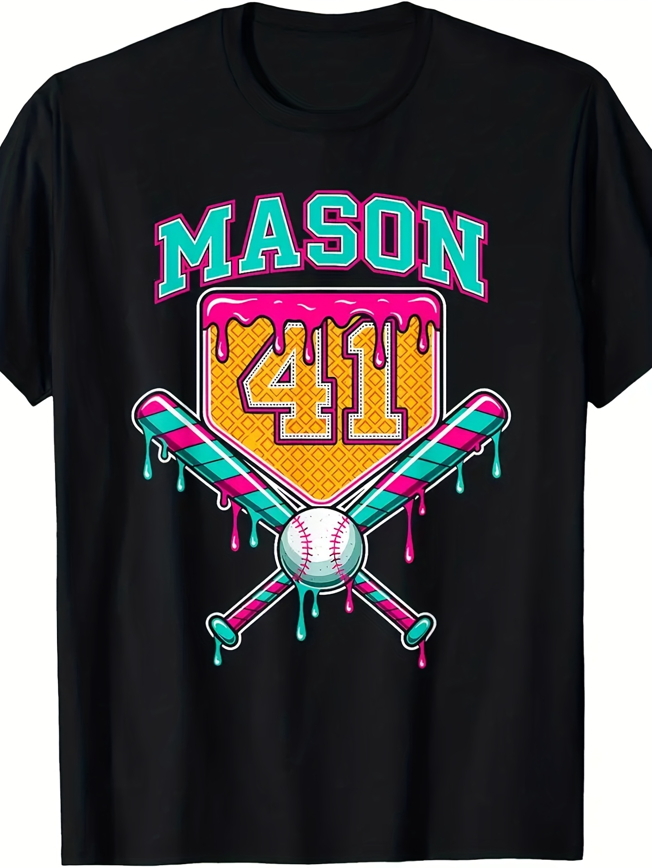 Men's Graphic T-Shirt Mason 41 Colorful Melting Badge With Crossed Bats Baseball