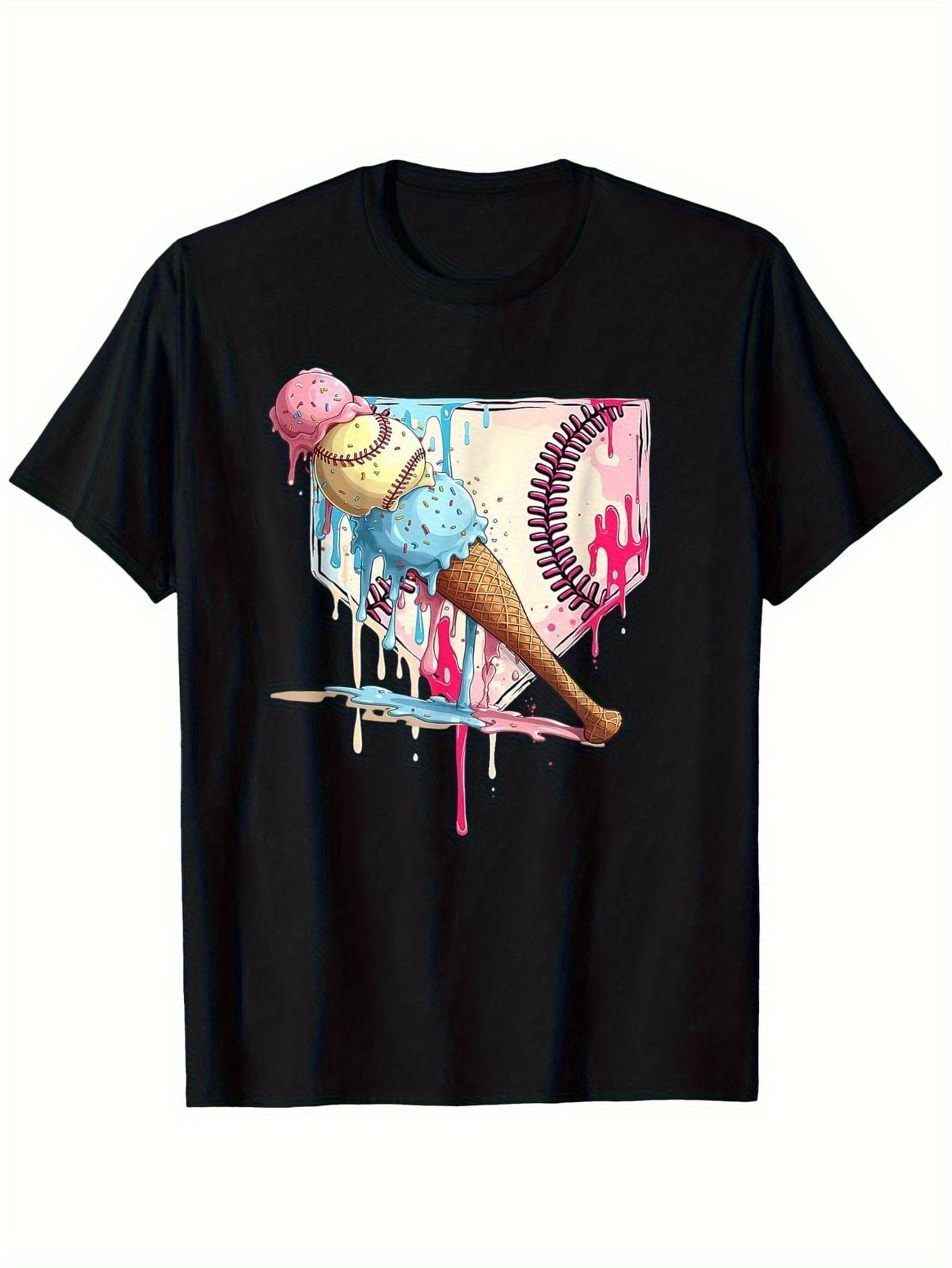 Men's Graphic T-Shirt Colorful Melting Ice Cream Cone With Paint Drips Under Sun