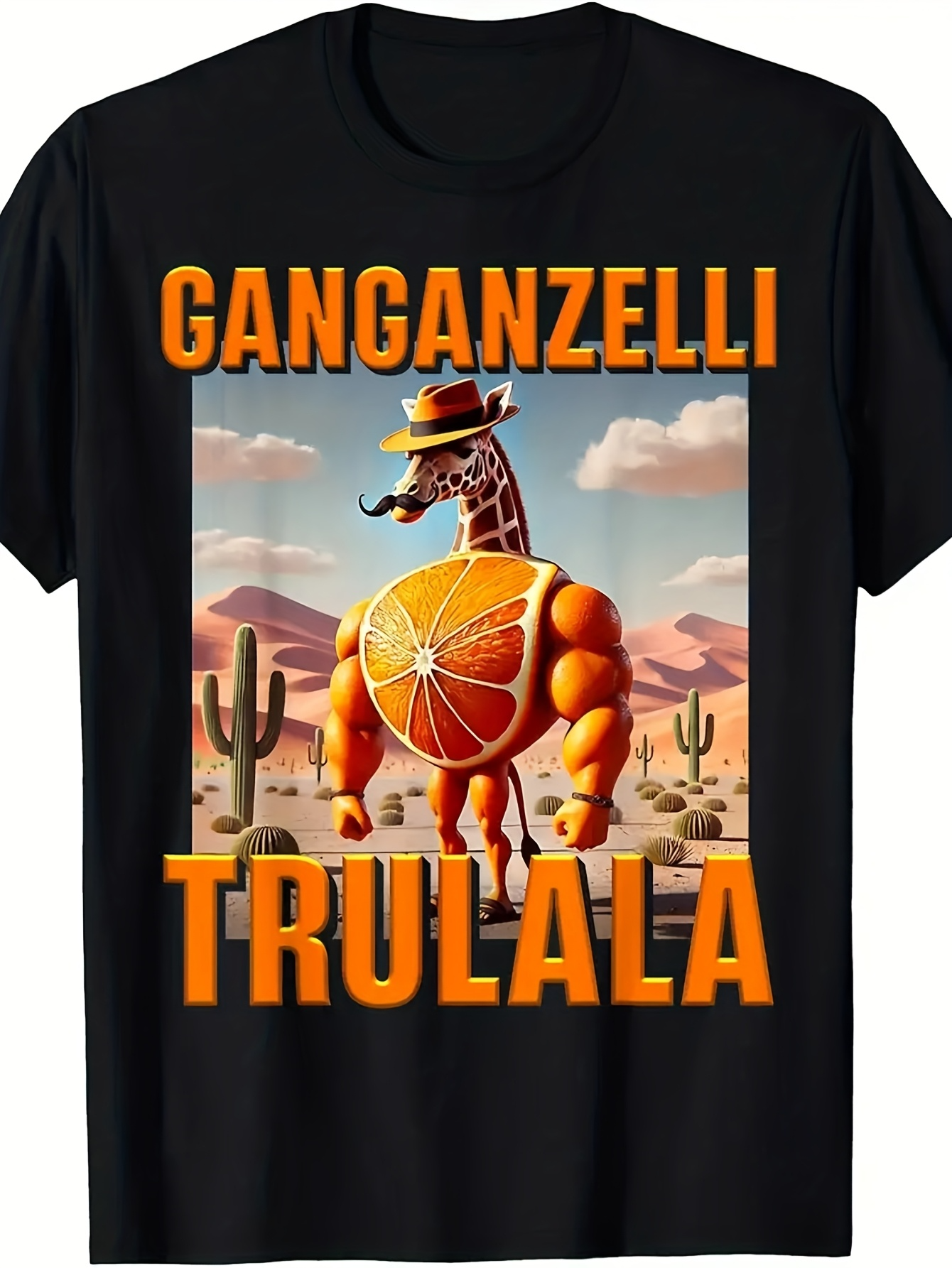 Men's Graphic T-Shirt GANGANZELLI TRULALA Quirky Desert With Sliced Orange Muscular Giraffe Wearing Hat