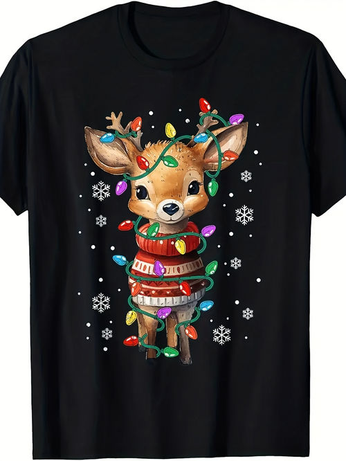 Men's Graphic T-Shirt Cute Christmas Lights Wrapped Baby Deer In Snowy Winter Forest