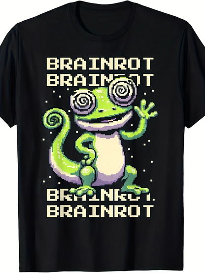 Men's Graphic T-Shirt Brainrot With Neon Swirl Eyes Cartoon Lizard Art On Black Shirt