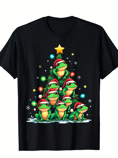 Men's Graphic T-Shirt Festive Christmas Tree Frogs Wearing Santa Hats Under Star