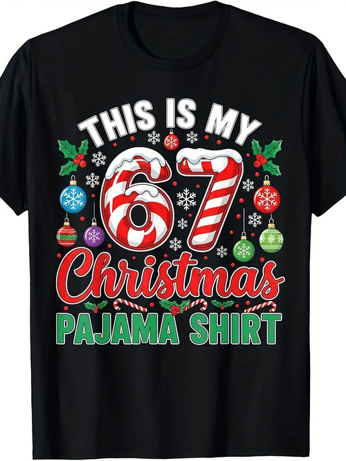 Men's Graphic T-Shirt This Is My Sixty Seventh Christmas Pajama Shirt With Festive Ornaments And Candy Canes