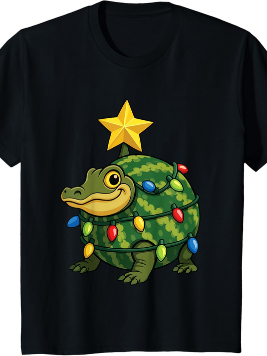 Men's Graphic T-Shirt Festive Watermelon Alligator Christmas Tree Decorated With Colorful Lights
