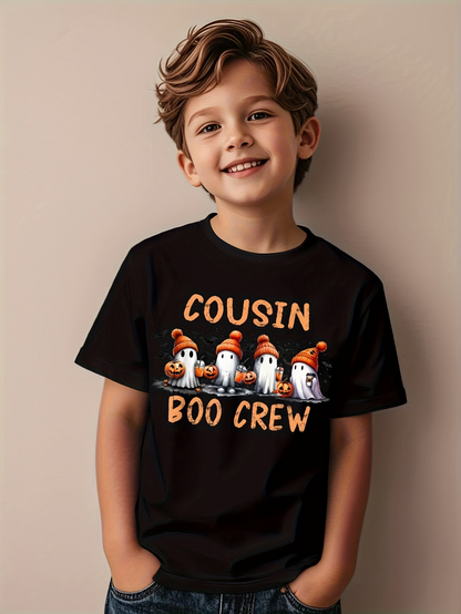 Men's Graphic T-Shirt Cousin Boo Crew With Pumpkins Party Hats And Smiling Ghosts