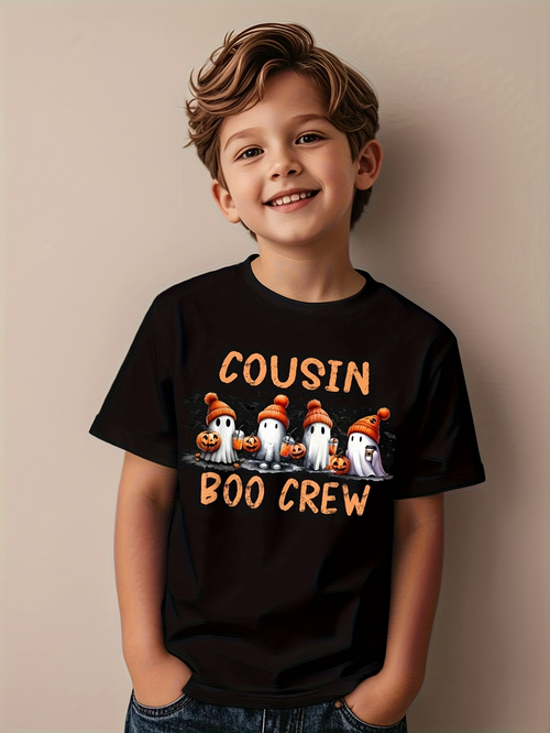 Men's Graphic T-Shirt Cousin Boo Crew With Pumpkins Party Hats And Smiling Ghosts