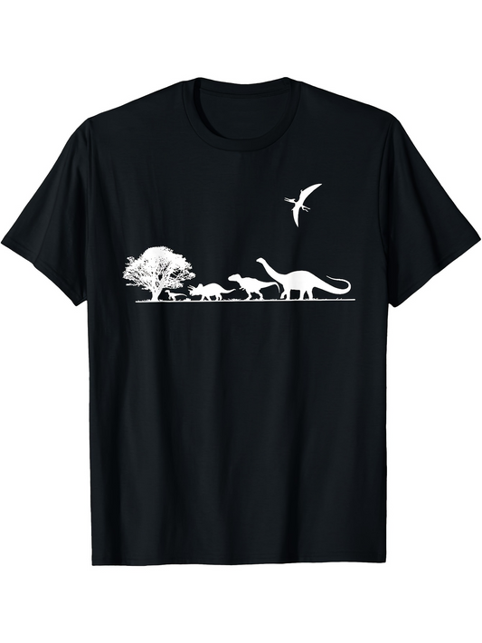 Men's Graphic T-Shirt Silhouetted White Trees Ancient Prehistoric Walking Among Flying Dinosaur