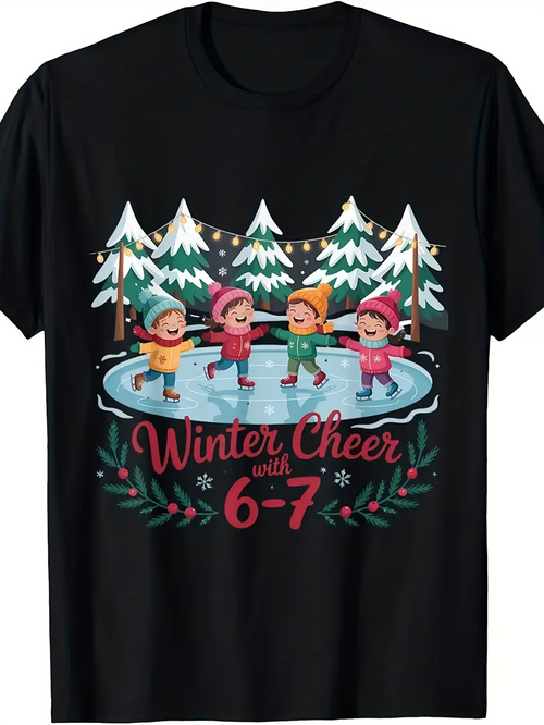 Men's Graphic T-Shirt Winter Cheer With Skating Kids On Frozen Lake