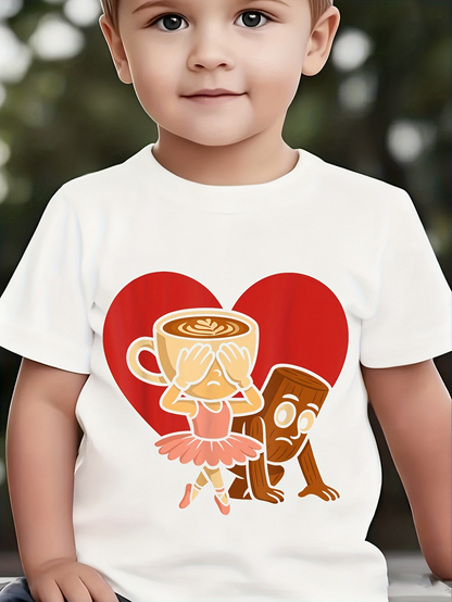 Men's Graphic T-Shirt Cartoon Coffee Cup With Cute Biscuit Ballerina In Front Of Red Heart
