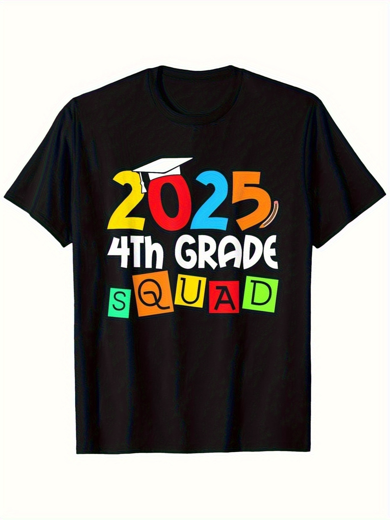 Men's Graphic T-Shirt 2025 4th Grade Squad Colorful Block Letters With Graduation Cap