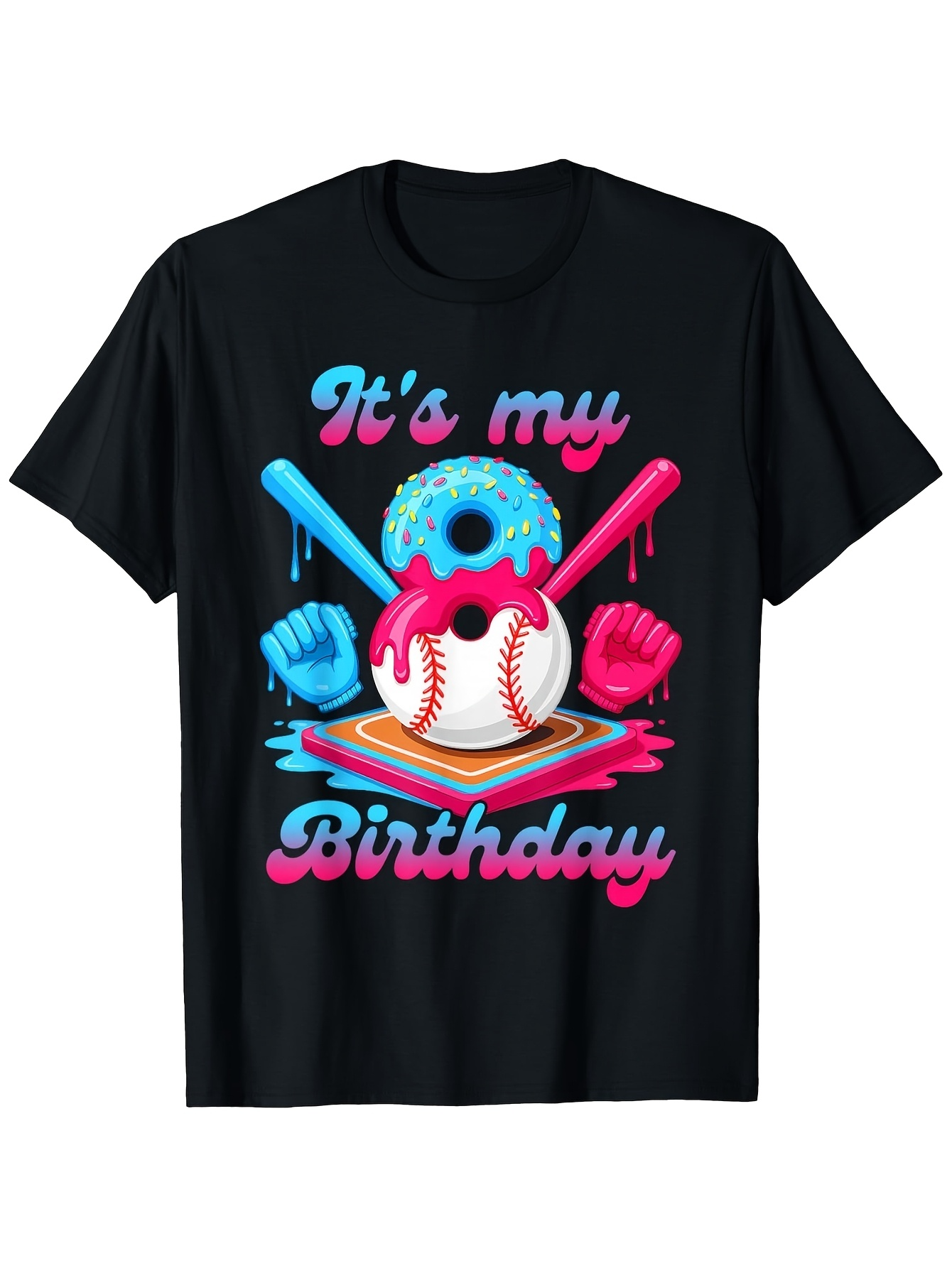 Men's Graphic T-Shirt Its My Birthday With Colorful Donut Baseball And Glowing Bats Birthday