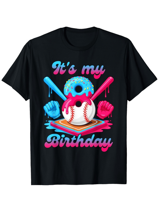 Men's Graphic T-Shirt Its My Birthday With Colorful Donut Baseball And Glowing Bats Birthday