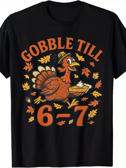 Men's Graphic T-Shirt Gobble Till Surrounded By Autumn Leaves With Whimsical Pie Holding Turkey