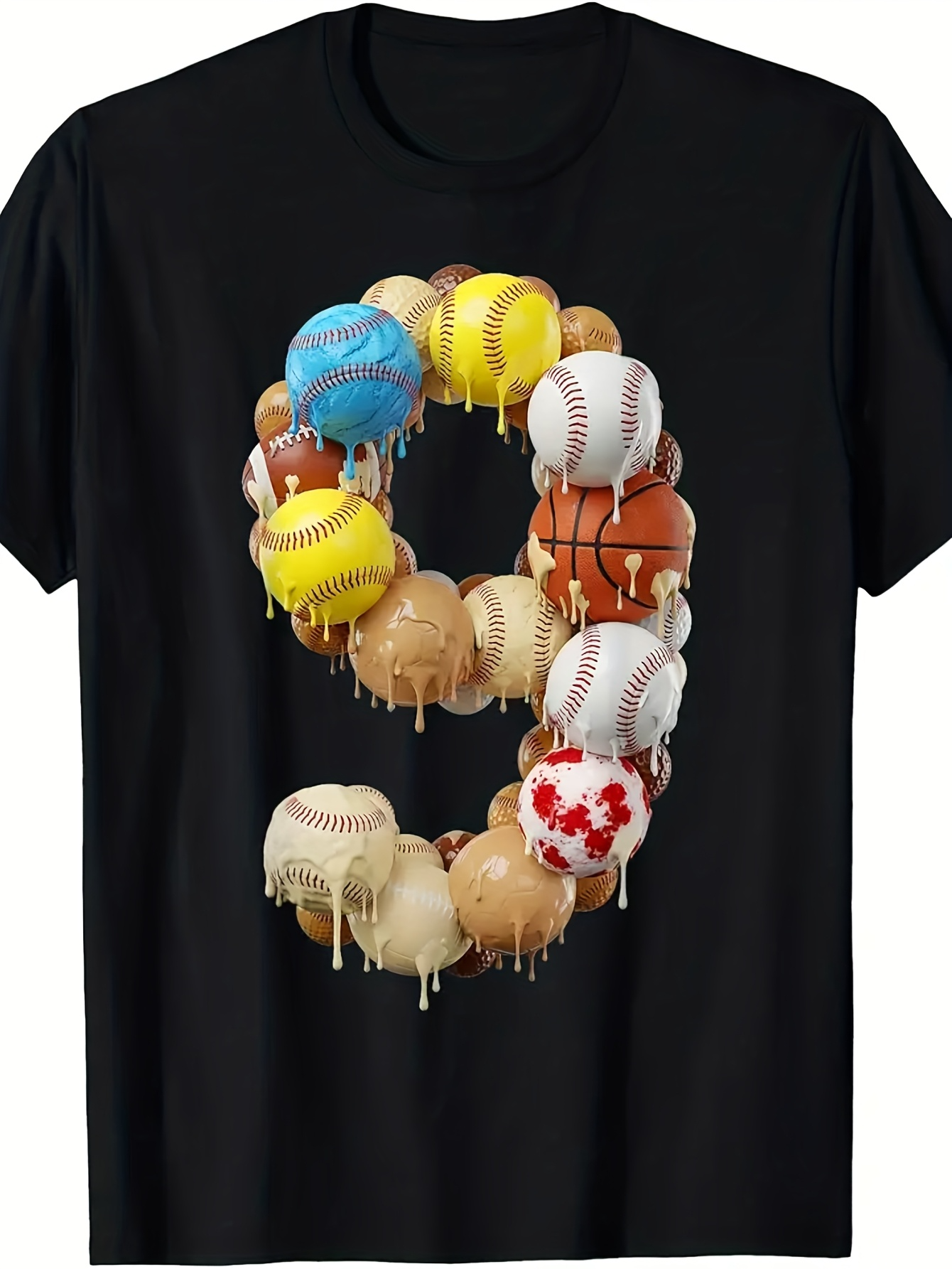 Men's Graphic T-Shirt Assorted Sports Balls Melting Dripping Creating Number Nine