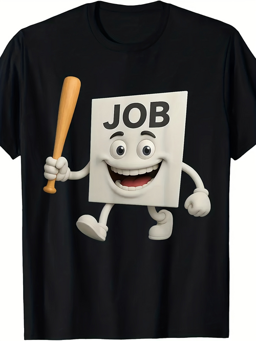 Men's Graphic T-Shirt Cheerful Cartoon With Smiling Square Character Holding Wooden Bat
