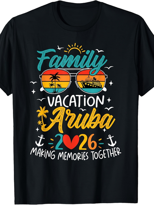 Men's Graphic T-Shirt Family Vacation Aruba 2026 Making Memories Together Retro Sunglasses With Sunset Palm Trees Beach Cruise Ship