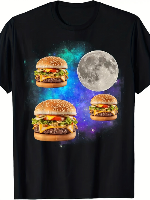 Men's Graphic T-Shirt Cheeseburgers Floating With Buns And Starry Night Full Moon