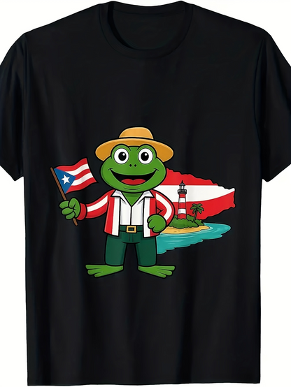 Men's Graphic T-Shirt Smiling Frog Holding Puerto Rican Flag On Island