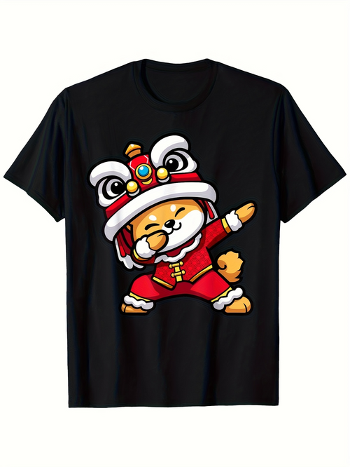Men's Graphic T-Shirt Celebration Red Costume Shiba Inu With Festive Lion Dance Hat