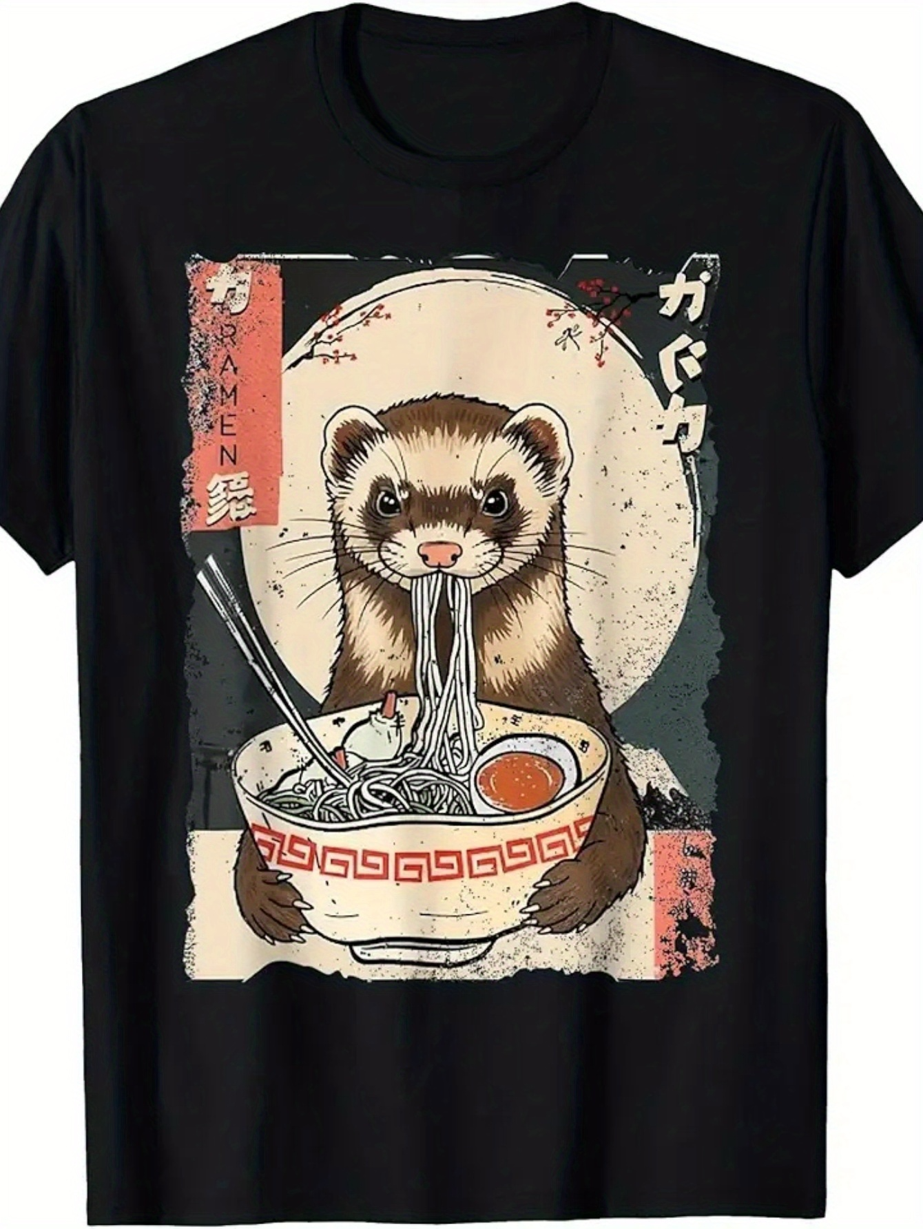 Men's Graphic T-Shirt Adorable Ferret Slurping Ramen Under Full Moon With Chopsticks Bowl Ferret