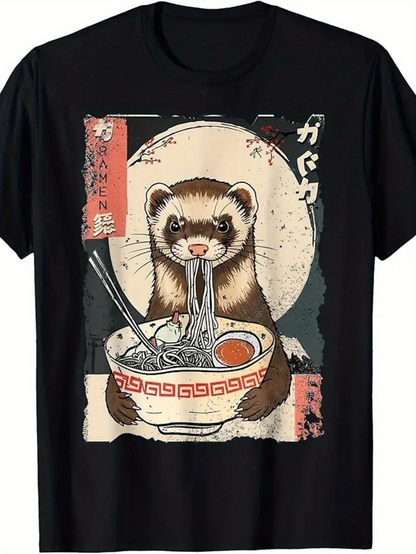 Men's Graphic T-Shirt Adorable Ferret Slurping Ramen Under Full Moon With Chopsticks Bowl Ferret