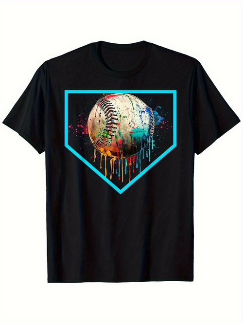 Men's Graphic T-Shirt Colorful Paint Splashes Falling Around Vibrant Home Plate Baseball