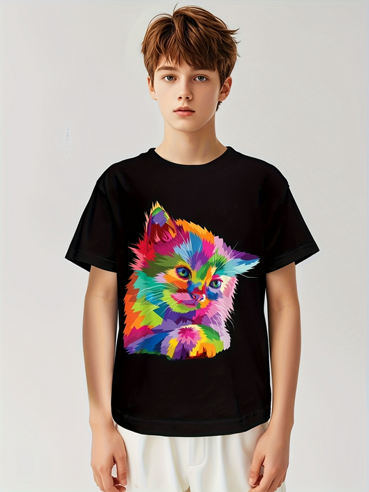 Men's Graphic T-Shirt Vivid Rainbow Fur Pattern With Playful Expression Artistic Cat