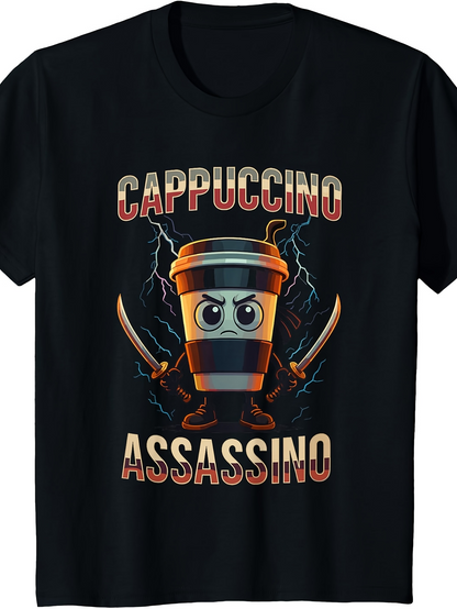 Men's Graphic T-Shirt Cappuccino Assassino Intense Lightning Surrounded Drink With Angry Face Coffee Cup