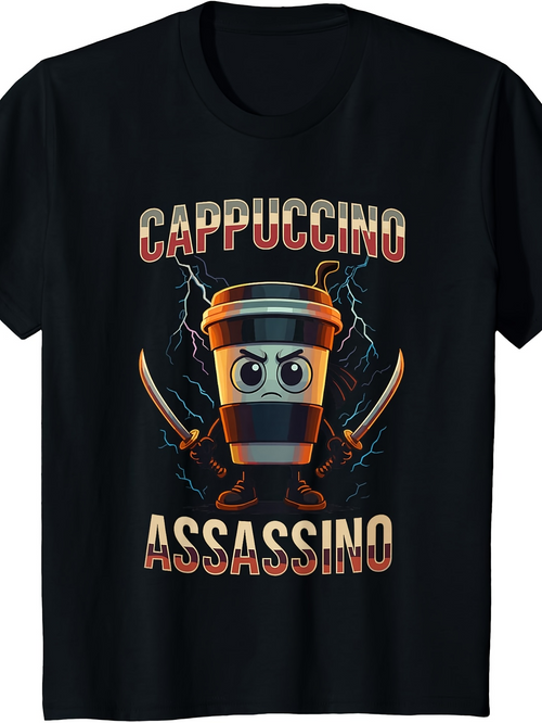 Men's Graphic T-Shirt Cappuccino Assassino Intense Lightning Surrounded Drink With Angry Face Coffee Cup