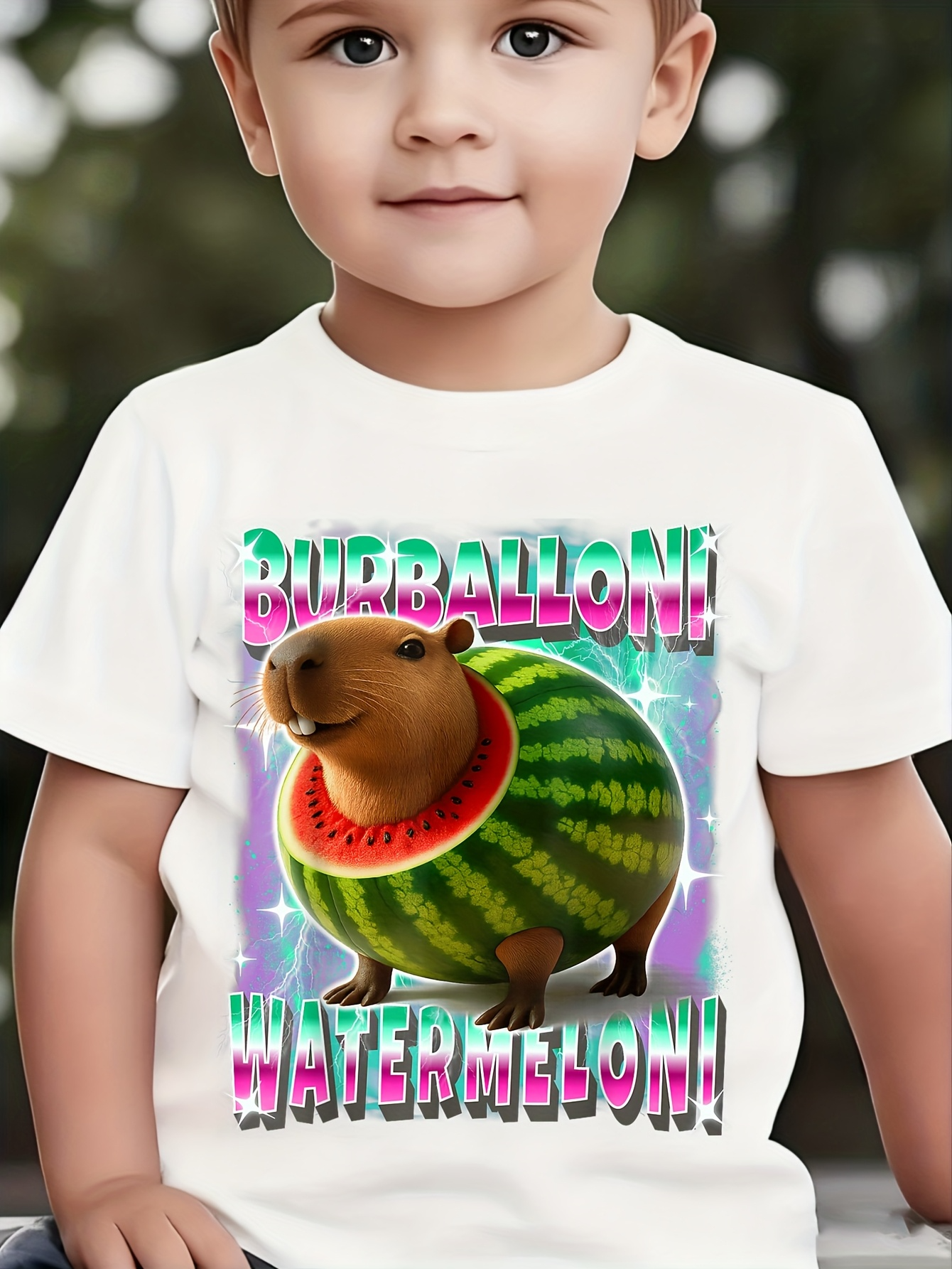 Men's Graphic T-Shirt Biteballoon Watermelon Surrounded By Sparkling Light And Smiling Capybara