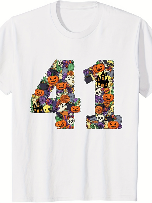 Men's Graphic T-Shirt Halloween Pumpkins Haunted Houses Skulls Bats Number Forty One