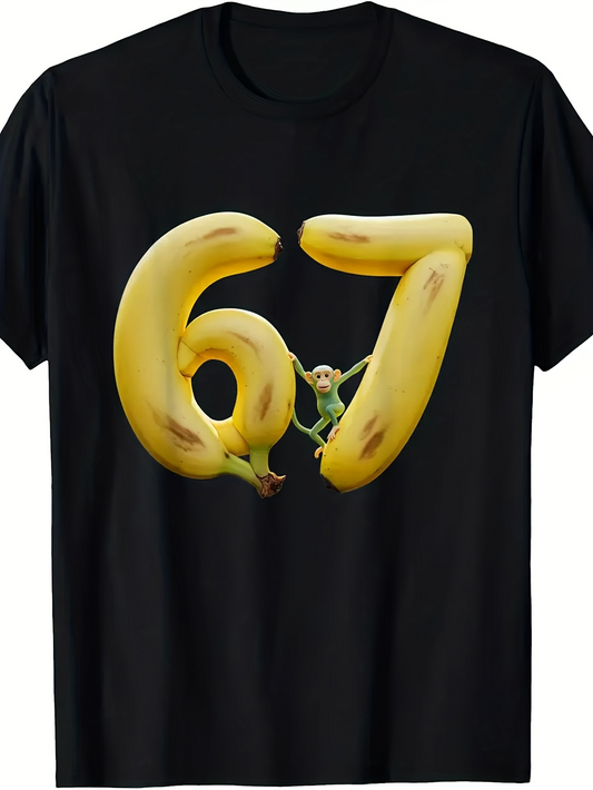 Men's Graphic T-Shirt Yellow Ripe Banana Numbers With Small Cheerful Monkey