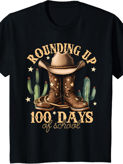 Men's Graphic T-Shirt Rounding Up 100 Days Of School With Cowboy Boots And Cactus Among Desert Stars