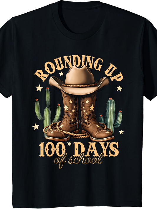 Men's Graphic T-Shirt Rounding Up 100 Days Of School With Cowboy Boots And Cactus Among Desert Stars