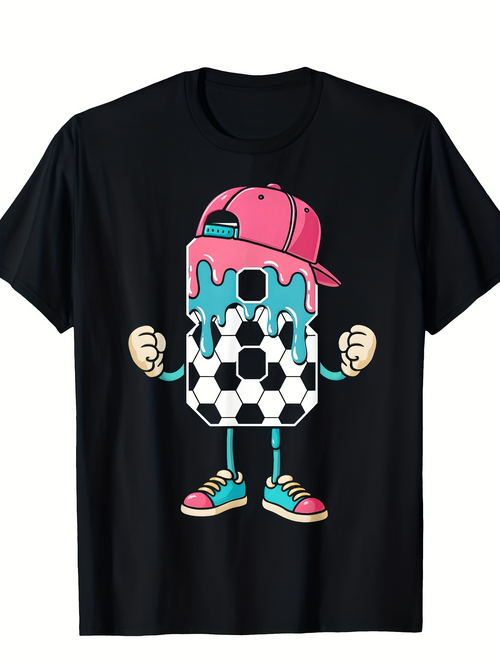 Men's Graphic T-Shirt Playful Cartoon Soccer Theme Wearing Sneakers Number Eight