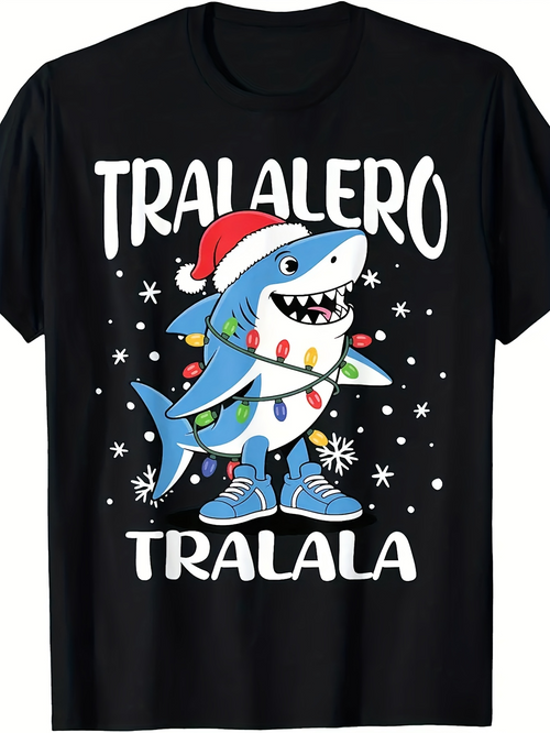 Men's Graphic T-Shirt Tralalero Tralala Festive Shark With Santa Hat Wrapped In Christmas Lights