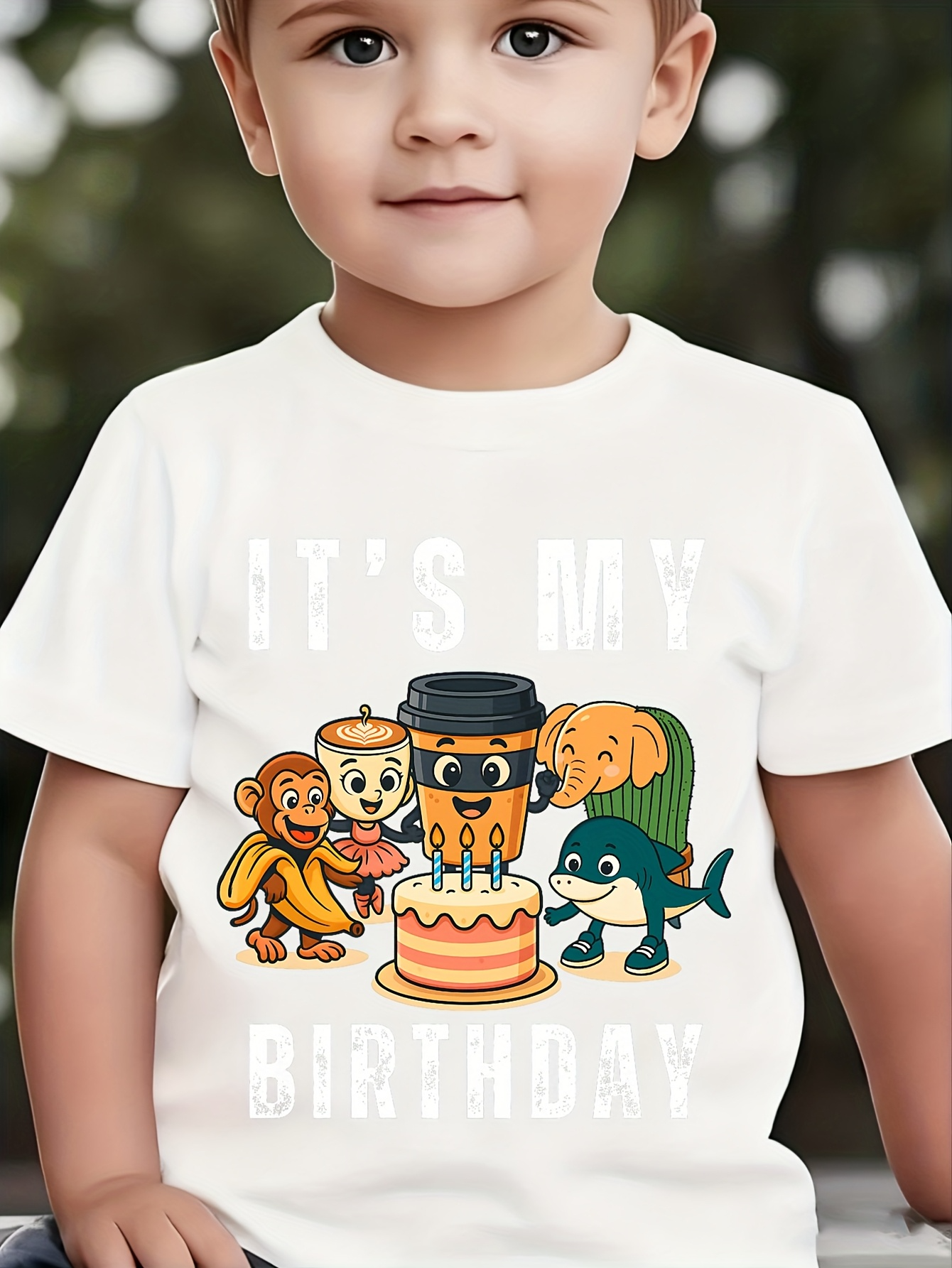 Men's Graphic T-Shirt Its My Birthday With Cartoon Animals Gathering Around Cake